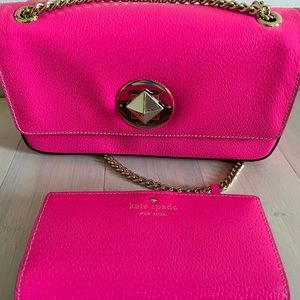 kate spade neon pink gold chain handbag with wallet